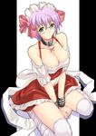  armband bare_shoulders bow breast_squeeze breasts cleavage collar covered_nipples glasses green_eyes hairband hat kneeling large_breasts purple_hair shiruko short_hair solo thighhighs tokimeki_memorial waitress wrist_cuffs yae_kaori 