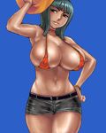  areolae belt bikini_top blue_background breasts contrapposto cosplay covered_nipples curvy dark_skin hat huge_breasts lips lowres matoyama monkey_d_luffy monkey_d_luffy_(cosplay) nico_robin oekaki one_piece short_shorts shorts solo standing 