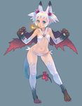  animal_ears blue_eyes cape extra_ears fire flat_chest monster_girl original panties paws pointy_ears ribbon short_hair side-tie_panties simple_background solo tail tail_ribbon thighhighs underwear weno white_hair wings 