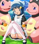  alternate_costume animal_milking blue_eyes blue_hair cameltoe choker cup gen_2_pokemon grass hairband hand_milking hikari_(pokemon) lactation maid milk miltank mountain panties pantyshot pantyshot_(sitting) phallic_symbol pink_panties pokemoa pokemon pokemon_(creature) sexually_suggestive sitting thighhighs udder underwear 