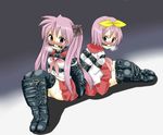  arms_behind_back ball_gag bdsm belt bondage bound bound_arms breath collar gag gagged hiiragi_kagami hiiragi_tsukasa leather lilish lucky_star monoglove multiple_girls thighhighs 