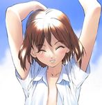  ^_^ arm_behind_head arms_up bangs bare_arms brown_hair closed_eyes collarbone collared_shirt copyright_request day dress_shirt facing_viewer flat_chest iuro laughing open_clothes open_shirt shirt short_sleeves sky solo underwear white_shirt 