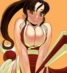  bad_id bad_pixiv_id breast_squeeze breasts brown_eyes brown_hair cleavage closed_fan fan fatal_fury folding_fan high_ponytail huge_breasts long_hair masao pelvic_curtain shiranui_mai snk solo the_king_of_fighters upper_body 