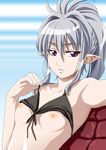  armpits bra bra_lift breasts copyright_request elf isse lingerie nipples pointy_ears purple_eyes silver_hair small_breasts solo underwear 