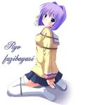  bangs bdsm blue_eyes blush bondage bound clannad frogtie fujibayashi_ryou hikarizaka_private_high_school_uniform odayan purple_hair rope school_uniform serafuku shibari solo thighhighs zettai_ryouiki 