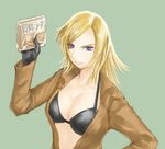  blonde_hair blue_eyes bra breasts eva_(mgs) food gloves kasuga_yukihito lingerie medium_breasts metal_gear_(series) metal_gear_solid metal_gear_solid_3 midriff noodles open_clothes solo underwear 