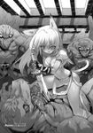  animal_ears blade_(galaxist) cat_ears copyright_request greyscale monochrome monster sword weapon 