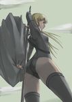  ass bad_id bad_pixiv_id blonde_hair cape claymore claymore_(sword) cynthia_(claymore) long_hair looking_back low_twintails solo sword tea_(nakenashi) thighhighs twintails weapon 