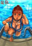  adjusting_hair bad_id bad_pixiv_id barefoot blush breasts brown_eyes brown_hair cleavage climbing copyright_request downblouse face fisheye foreshortening from_above hands kishizuka_kenji large_breasts long_hair looking_up pool sketch solo swimsuit tan water wet 