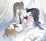  bed blue_eyes book brown_hair holding_hands long_hair lying multiple_girls necktie open_clothes open_shirt original shirt skirt tansuke thighhighs yuri 