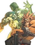  3boys :d arnold_tsang beard blonde_hair capcom capcom_fighting_jam chain claws closed_eyes crossover cuffs curly_hair drill_hair facial_hair felicia from_behind giant gloves green_hair green_skin guile hammer kanzuki_karin leo_(warzard) looking_at_viewer multiple_boys multiple_girls muscle official_art open_mouth paw_gloves paws punching shackles short_hair simple_background smile sonic_boom standing street_fighter street_fighter_iii_(series) topless udon_entertainment urien vampire_(game) very_short_hair warzard white_background yellow_eyes 