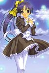  blue_hair bow hashimoto_takashi itou_noemi long_hair maid ponytail solo thighhighs wind wind_lift with_you yellow_bow 