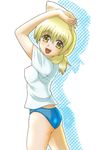  arms_up artist_request ass blonde_hair breasts buruma covered_nipples hidamari_sketch looking_at_viewer medium_breasts miyako pose shirt simple_background solo sportswear standing white_background white_shirt 