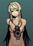  blonde_hair breasts brown_eyes copyright_request gun handgun k+ large_breasts long_hair nude out-of-frame_censoring pistol smile solo weapon 