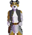  balls belt blackbear blue_eyes canid canine canis clothing domestic_dog gun handgun holster loincloth looking_at_viewer male mammal muscular muscular_male pistol ranged_weapon revolver smile solo vest wardrobe_malfunction weapon 