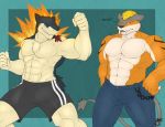  abrahamsillo abs anthro athletic barazoku biceps big_biceps big_muscles big_pecs claws clothed clothing digital_media_(artwork) duo hair kenneth_(greeneyedt) legendary_pok&eacute;mon male mammal muscular muscular_male nintendo pecs penis pok&eacute;mon pok&eacute;mon_(species) raikou simple_background smile typhlosion video_games 