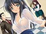  3girls ashishun black_hair blush breasts cleavage game_cg green_eyes jpeg_artifacts large_breasts multiple_girls nipples no_bra office office_lady pantyhose pencil_skirt see-through shiraishi_rei skirt wet wet_clothes yogosareta_natsu 