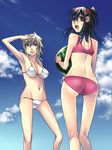  ass back bad_id bad_pixiv_id beach bikini blonde_hair breasts brown_eyes brown_hair copyright_request day flat_ass food fruit large_breasts long_hair looking_back makuro multiple_girls outdoors swimsuit thigh_gap watermelon 