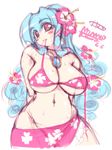  bikini blue_hair blush blush_stickers breasts cleavage flower frills hair_flower hair_ornament hibiscus huge_breasts jewelry long_hair mel/a melmaid mouth_hold navel necklace no_panties open_bikini open_clothes orchid original pink_sarong plump red_eyes sarong sidelocks skirt solo sweat swimsuit underboob untied untied_bikini wide_hips 