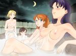  akagi_ritsuko black_hair blonde_hair blue_eyes blush breasts brown_eyes everyone game_cg ibuki_maya ikari_shinji_raising_project katsuragi_misato medium_breasts mole mole_under_eye moon multiple_girls neon_genesis_evangelion night nipples nude onsen orange_hair outdoors peeking purple_hair scar small_breasts souryuu_asuka_langley towel yonekura_kengo 