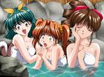  akazaki_yasuma asakura_natsuki bare_shoulders blush bow breasts brown_hair cleavage closed_eyes drill_hair game_cg green_hair hair_bow happy ito_nanami kawano_kumi long_hair medium_breasts multiple_girls naked_towel onsen open_mouth orange_hair short_hair squirrel surprised tokimeki_check_in towel twintails water wet yellow_eyes 