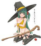  blush bottomless flat_chest green_eyes green_hair hat long_hair navel nipple_slip nipples no_panties one_side_up original sitting solo staff sutein tank_top thighhighs torn_clothes witch_hat wizard 