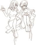  ankle_ribbon artist_request barefoot cake choker eating fatal_fury food fork fruit genderswap genderswap_(mtf) greyscale lineart midnight_bliss monochrome multiple_girls navel panties pantyshot pastry ribbon short_shorts shorts skirt snk strawberry svc_chaos terry_bogard the_king_of_fighters underwear yagami_iori 