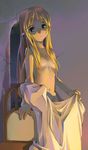  bed_sheet blonde_hair blue_eyes chair copyright_request covering flat_chest groin hair_censor hair_over_breasts hip_bones long_hair naked_sheet navel nude satou_toshiyuki shade solo 