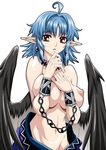  ahoge blue_hair breast_squeeze breasts chain covering covering_breasts earrings groin isse jewelry large_breasts necklace nipples original pointy_ears red_eyes short_hair solo topless wings 