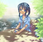  bad_id bad_pixiv_id blue_eyes blue_hair dappled_sunlight looking_at_viewer original school_uniform serafuku short_hair short_twintails smile solo summer sunlight tea tree_shade twintails yamada_ako 