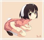  animal_ears bad_id bad_pixiv_id black_hair blush_stickers border brown_hair bunny_ears bunny_tail ettamu hands_on_own_knees inaba_tewi red_eyes short_hair signature simple_background smile solo squatting tail touhou 