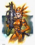  bodysuit gun helmet katana nariann orange_bodysuit original rifle solo sword weapon white_hair 