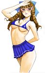  bikini bikini_top brown_hair drill_hair glasses kazaana miniskirt original simple_background skirt solo swimsuit 