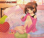  bare_shoulders barefoot between_toes brown_hair feet highres itou_noiji long_legs nail_polish nail_polish_bottle painting_nails pedicure red_nails ribbon short_hair smile solo spread_toes suzumiya_haruhi suzumiya_haruhi_no_yuuutsu sweater toenail_polish toes 