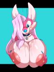  2019 anthro areola big_breasts breast_squish breasts canid canine denisse digital_media_(artwork) female hair hair_over_eye hi_res holding_breast huge_breasts long_hair mammal nipples simple_background solo suirano 