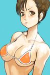  bikini bikini_top blue_background breasts brown_eyes brown_hair chun-li cleavage double_bun kazaana large_breasts orange_bikini pout short_hair solo street_fighter swimsuit 