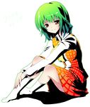  ascot bad_id bad_pixiv_id breasts green_hair impossible_clothes impossible_vest itose_ikuto kazami_yuuka light_smile medium_breasts plaid plaid_skirt plaid_vest red_eyes short_hair sitting skirt skirt_set solo touhou vest white_background 