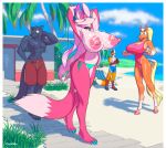  2019 abs anthro beach biceps big_breasts bikini black_hair blonde_hair blue_nose breasts canid canine clothed clothing collar crackiepipe cum cum_on_breasts curvaceous denisse digital_media_(artwork) equine erect_nipples female fox fur group hair horse huge_breasts looking_at_viewer male mammal muscular muscular_male nipples nude open_mouth outside phoebe_(crackiepipe) pink_fur pink_hair pink_nipples public seaside smile standing swimsuit topless wide_hips 