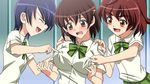  blue_hair blush breast_poke breasts brown_eyes brown_hair covered_nipples fujiwara_naeka groping hirano_miwa izumi_eiko kamen_no_maid_guy large_breasts multiple_girls orange_eyes poking red_hair ribbon sanshita school_uniform yuri 