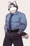 anthro black_fur black_nose canid canine canis clothed clothing fully_clothed fur keigo_okamoto male mammal maririn necktie simple_background solo white_fur wolf 
