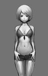  bad_id bad_pixiv_id bikini bikini_top breasts cleavage front-tie_top greyscale k+ large_breasts midriff monochrome navel original short_hair shorts solo standing swimsuit 