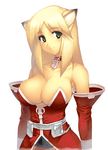  animal_ears bare_shoulders blonde_hair breasts choker cleavage covered_nipples detached_sleeves fantasy_earth_zero fox_ears green_eyes large_breasts looking_at_viewer smile solo yn_red 