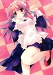  asahina_mikuru blush checkered highres kiba_satoshi long_hair lying maid maid_headdress on_back red_eyes red_hair solo suzumiya_haruhi_no_yuuutsu 