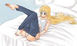  ass bad_id bad_pixiv_id barefoot bed blonde_hair blue_eyes copyright_request dressing feet kazuki_kisuke long_hair panties pants solo underwear 