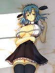  blue_hair breasts copyright_request green_eyes hair_ornament hairclip huge_breasts lying maid open_clothes open_shirt pen_(pen3) shirt short_hair solo thighhighs zettai_ryouiki 