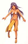  bad_id bad_pixiv_id blush bracelet breasts bridgeless_bra circlet cleavage dark_skin dragon_quest dragon_quest_iv jewelry loincloth long_hair manya medium_breasts pelvic_curtain purple_hair red_eyes sandals saya_(sayaz) smile solo 