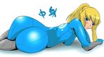  artist_request ass blue_eyes blue_hair blush bodysuit derivative_work long_hair lying metroid on_side photo-referenced ponytail samus_aran shiny shiny_clothes simple_background skin_tight solo zero_suit 