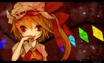  bad_id bad_pixiv_id blonde_hair blood flandre_scarlet hand_on_own_face hat kunimura_hakushi letterboxed one_side_up ribbon short_hair signature smile solo touhou upper_body wings 