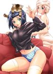  animal animal_on_head blue_hair blush cat cat_on_head couch green_eyes hair_ornament hairclip midriff multiple_girls nagayori on_head original panties pillow pink_hair short_hair striped striped_panties thighhighs towel underwear wet 