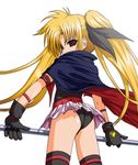 arm_strap artist_request ass bangs bardiche belt beltbra black_gloves black_legwear blonde_hair buckle cape covered_mouth fate_testarossa flat_chest from_side gloves hair_ribbon holding holding_weapon leotard long_hair looking_at_viewer looking_back loose_belt lyrical_nanoha magical_girl mahou_shoujo_lyrical_nanoha mahou_shoujo_lyrical_nanoha_a's microskirt parted_bangs pleated_skirt polearm profile red_eyes ribbon sidelocks simple_background skirt solo studded_belt thigh_strap thighhighs twintails very_long_hair weapon white_background wrist_straps 